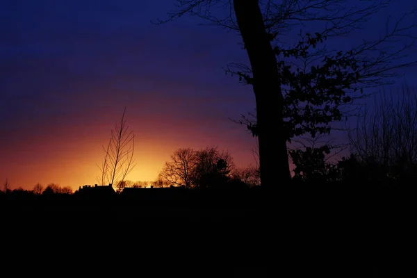 Sonnenuntergang auf dem Land mit Baumsilhouetten im Vordergrund — Stockfoto