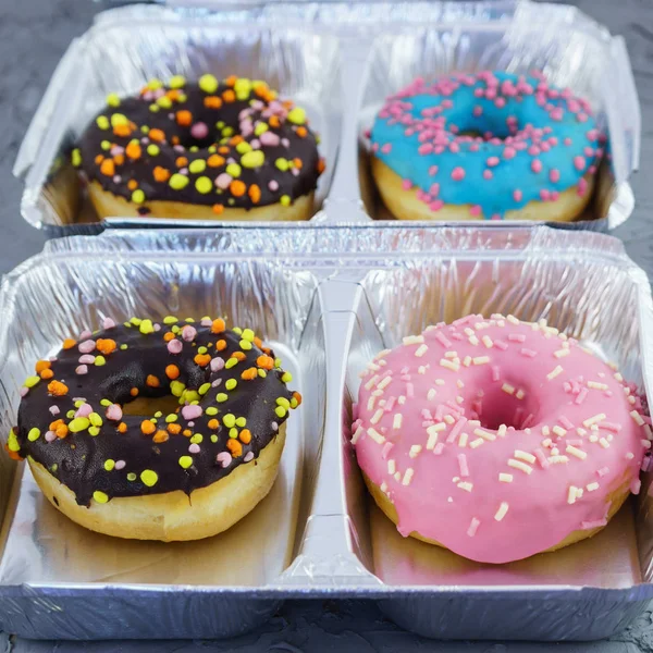 Close View Tasty Glazed Colorful Donuts Light Gray Foil Boxes — Stock Photo, Image