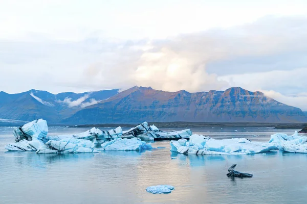 Icebergs Azules Luminosos Flotando Laguna Glacial Jokulsarlon Con Fondo Montaña —  Fotos de Stock