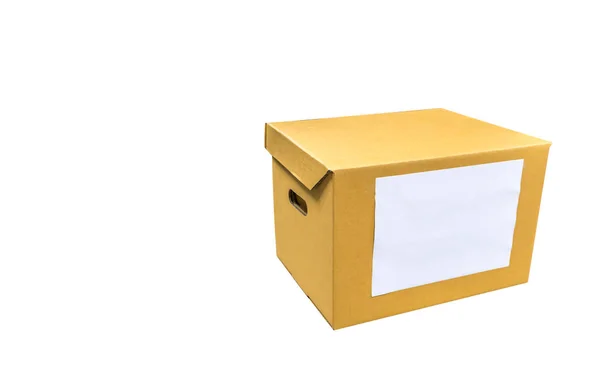 Картонная Коробка Прикрепленной Белой Бумагой Белом Фоне — стоковое фото