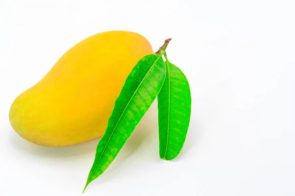 Reife Mango Mit Grünem Blatt Auf Weißem Hintergrund — Stockfoto