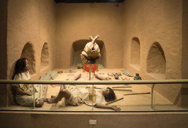 Peru 08 Temmuz 2018 Moche simülasyon mezar konum. Inca Müzesi Sipan Chiclayo Peru. Bu müze için Kral Sipan Türbesi arkeolojik buluntuları bilinmektedir.