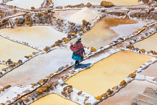 马里秘鲁2018年9月14日一个克丘亚语的妇女在马里的盐田工作了一天之后就回家了 提取的盐卖给牛农 — 图库照片