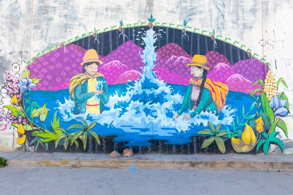 Bolivie Desaguadero murale représentant les femmes boliviennes à Titica — Photo