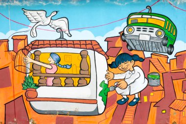 Bolivya La Paz duvar resmi şehrin taksisinin karikatürünü temsil ediyor.