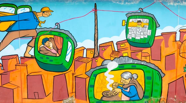 ケーブルカーの特徴を表すボリビア・ラパス壁画 — ストック写真