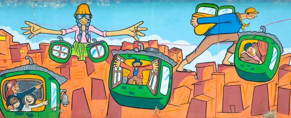 ケーブルカーと乗客を表すボリビアラパス壁画 — ストック写真