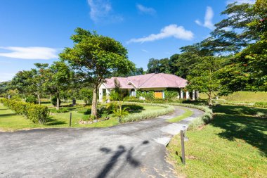 Güneşli bir günde tropik bahçeli Panama Boquete villası