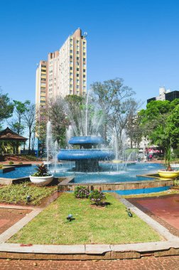 Campo Grande, Brezilya - 26 Ağustos 2018: Ary Coelho kare, su çeşme çeşme. Şehrin tarihi yeri Şehir Meydanı.