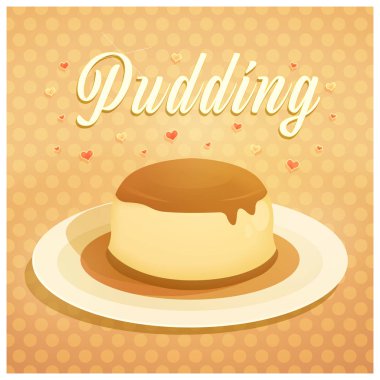 Süt puding, aşk puding illüstrasyon. Tatlı arka plan.
