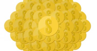 Ekranda görünen altın dolar sikke ile geçiş animasyon. Dolar paralar çarparak Merkezi'nden. Giriş ve çıkış geçiş animasyon. Alfa.