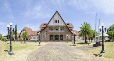 Londrina - PR, Brazil - December 12, 2018: Panoramic view of the historic museum on the old railway station called Museu Historico de Londrina (Padre Carlos Weiss) in downtown. clipart