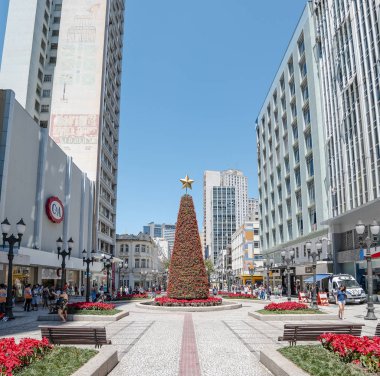 Curitiba - Pr, Brezilya - 14 Aralık 2018: Büyük Noel ağacı Xv de Novembro Meydanı'nın su çeşme neredeydi Caddesi üzerinde. Çiçeklerle süslenen Noel ağacı. Rua das Flores. Turistik yer