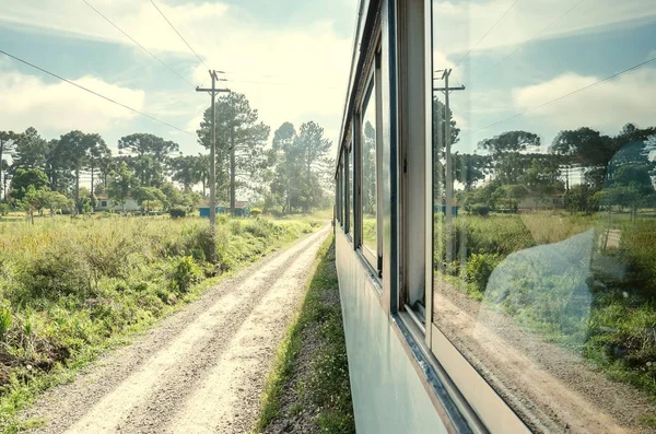 Train Ride Touristic Train Passing Dirt Road Countryside Reflex Window — Stock Photo, Image