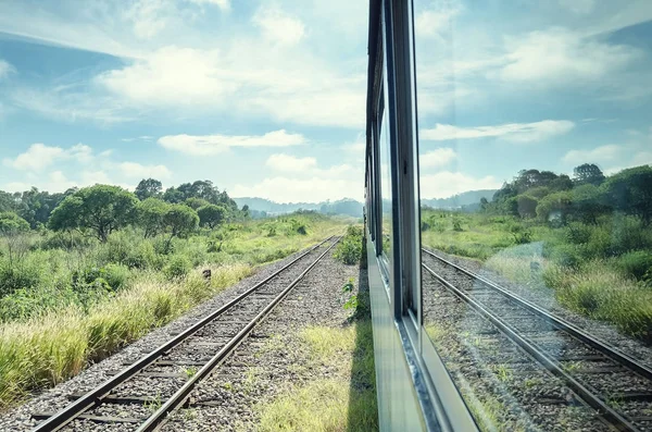 Train Ride Touristic Train Passing Another Empty Railway Reflex Window — Stock Photo, Image