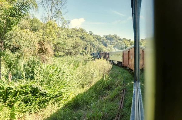 Train Ride Train Making Curve Left Side Mountain Green Vegetation — Stock Photo, Image