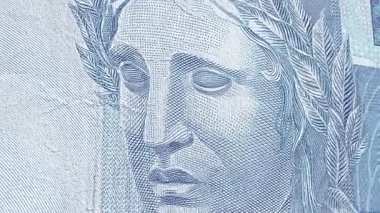 Yüz gerçek banknot cumhuriyet sembolü Brezilyalı heykeli. Brezilya parası, Real Brl. Yakın animasyon.