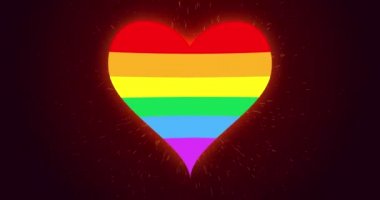 Kalp şeklinde parlayan gökkuşağı bayrağı, arka planda kıvılcımlar var. Çeşitliliğin gücü, cinsiyet kimliği, sevgi ve gurur kavramı. Kusursuz döngü canlandırması.