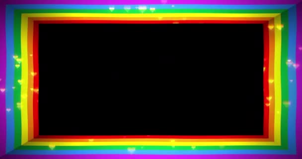 虹色やハートの装飾が施されたアニメーションフレーム 波の動きだ ゲイの誇り Lgbtの旗や幸福の概念背景 中央に空白のスペースを持つフレーム ループアニメーションアルファマット — ストック動画