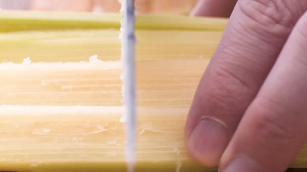 Cutting Pieces Sugarcane Knife Peeled Bud Cane Close Video — Stock Video