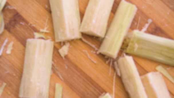 Cutting Board Slices Sugar Cane Peeled Cane Knife Table Brazilian — Stock Video