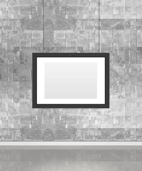 Art museum wall with a single horizontal frame. Vertical image. Industrial style modern museum. 3D rendering.