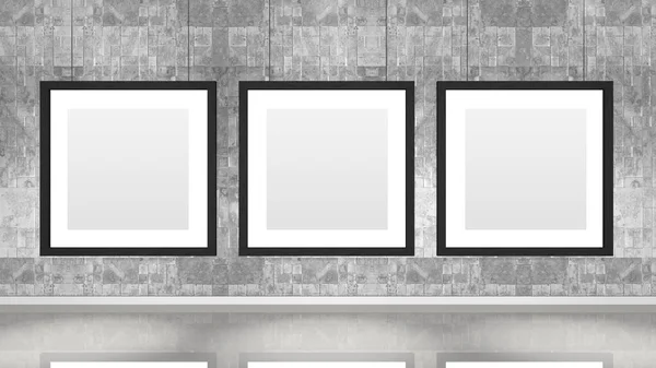 Art museum wall with three square frames. Industrial style modern museum. 3D rendering.