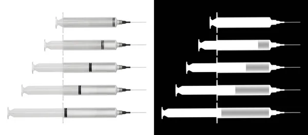 Sekvence Naplněné Injekční Stříkačky Vakcínou Krok Krokem Injekce Izolovaná Bílo — Stock fotografie