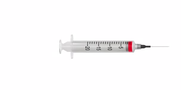 Fyllning Och Applicering Spruta Med Ett Rött Flytande Vaccin Isolerat — Stockvideo
