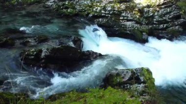 Dağ nehir fırtınalı bir şelale akar ve kayaların arasına ivinti geçer.