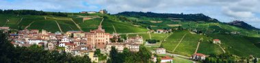 Panorama of Barolo (Piedmont, Italy) with the town, the medieval castle and the vineyards. Barolo is the main village of the Langhe wine district clipart