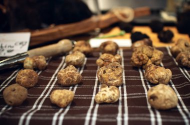 Alba white truffles on a market stall, italy clipart