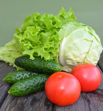 Sepette taze salatalık. Arka planda lahana, maydanoz, kırmızı turp, marul, domates. Geleneksel tarz. Vejetaryen gıdalar.