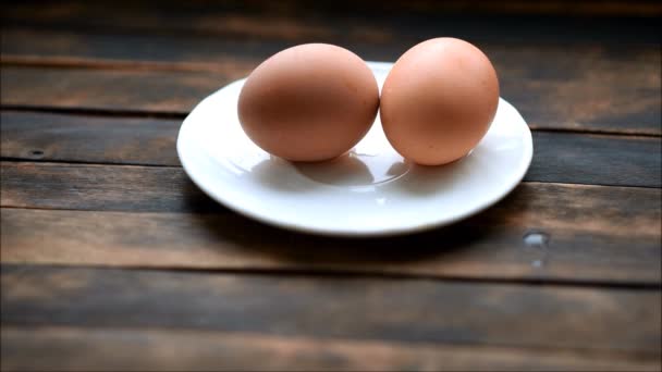 Boiled Eggs Lie White Plate Them Goes Steam — Stock Video