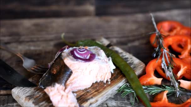 Red Fish Baked Fresh Vegetables — Stock Video