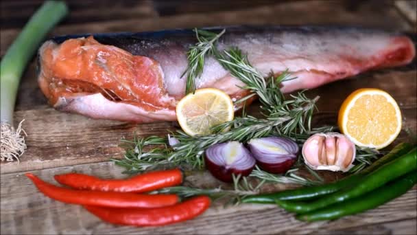 Red Fish Raw Fresh Vegetables — Stock Video