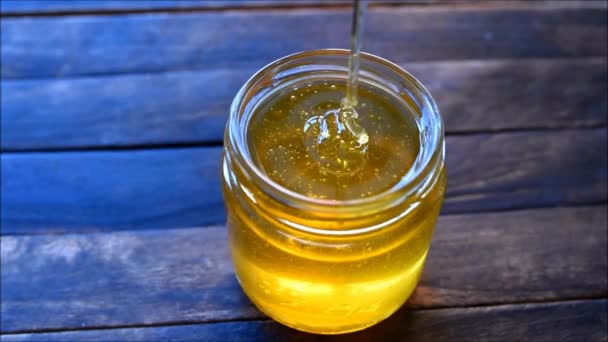 Honing Een Glazen Pot — Stockvideo