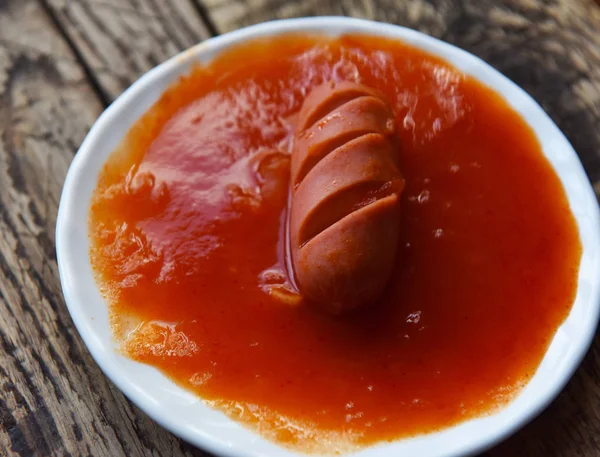 Hot Sausages Cuts Tomato Sauce — Stock Photo, Image