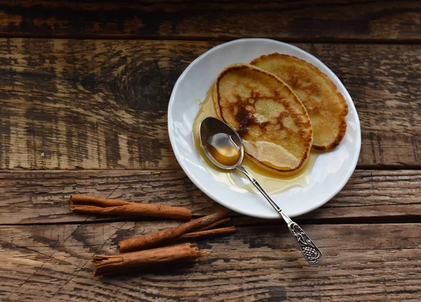 Pancakes Honey Silver Spoon — Stock Photo, Image