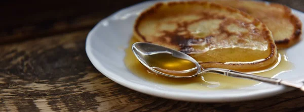 Pancakes Honey Silver Spoon — Stock Photo, Image