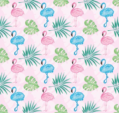 Pembe bir arka plan ve suluboya ile tropikal desen boyalı flamingo ve yaprakları