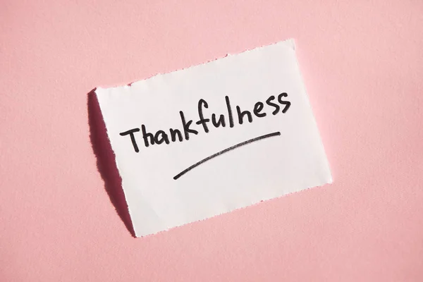 Thankfulness Text White Paper Pink Background — Stock Photo, Image