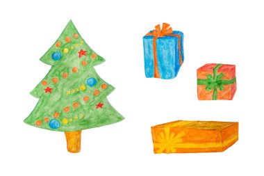 Mutlu yeni yıl veya Noel süslemeleri - beyaz, suluboya resim üzerinde izole ağaç ve hediye kutusu