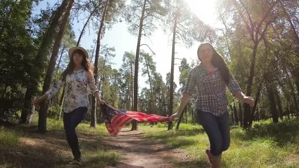 Glückliche Junge Frauen Laufen Mit Amerikanischer Nationalflagge Durch Die Natur — Stockvideo