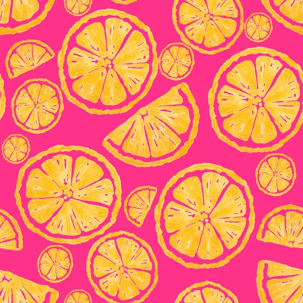 Gelbe Zitronenscheiben Auf Leuchtend Rosa Hintergrund Nahtloses Muster — Stockfoto