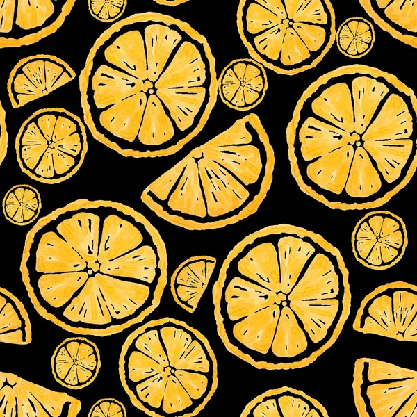 Gelbe Zitronenscheiben Auf Schwarzem Hintergrund Nahtlose Mustermalerei — Stockfoto