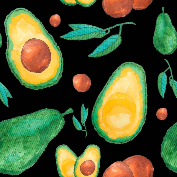 Зеленый Авокадо Бесшовной Картины Черном Фоне — стоковое фото