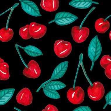 Kırmızı Kiraz ve siyah arka plan, elle çizilmiş meyve ile seamless modeli yaprağına