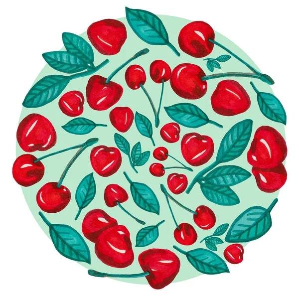 Πράσινο Κύκλο Φόντο Κόκκινα Κεράσια Και Φύλλων Χέρι Ζωγραφική Που — Φωτογραφία Αρχείου