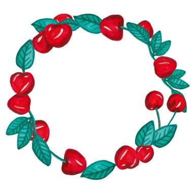 Kırmızı Kiraz ve yaprak, el çizimi daire kopya alanı ile beyaz arka plan üzerinde izole